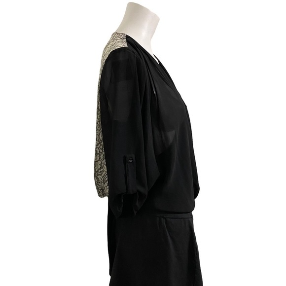 IZ Byer Woman’s Black Sheer Top with Cream Color Lace Roll Tab Sleeves  Jr Sz M - Picture 5 of 12